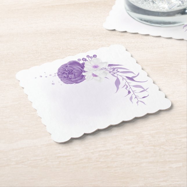 romantic white & purple wedding  paper coaster (Angled)