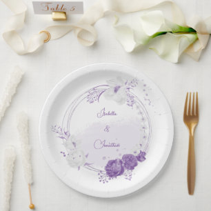 romantic white & purple wedding paper plate