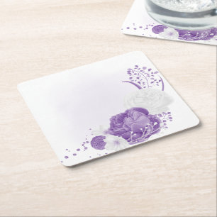 romantic white & purple wedding square paper coaster