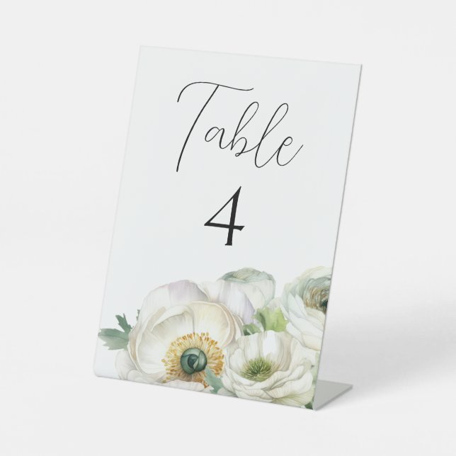 Romantic White Ranunculus Wedding Table Number Pedestal Sign (Front)