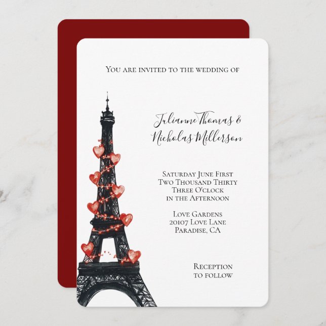 Romantic White Red Hearts Eiffel Tower Wedding Invitation (Front/Back)