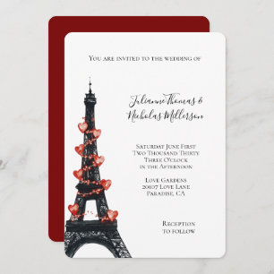 Romantic White Red Hearts Eiffel Tower Wedding Invitation