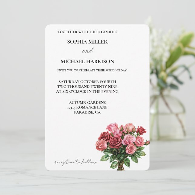 Romantic White Red Pink Roses Floral Wedding Invitation (Standing Front)