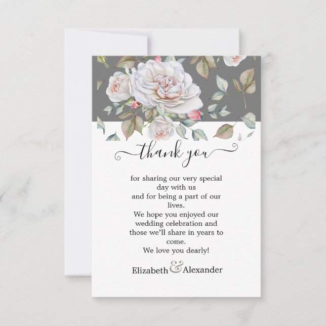 Romantic White Rose Editable Wedding Thank You Card (Front)