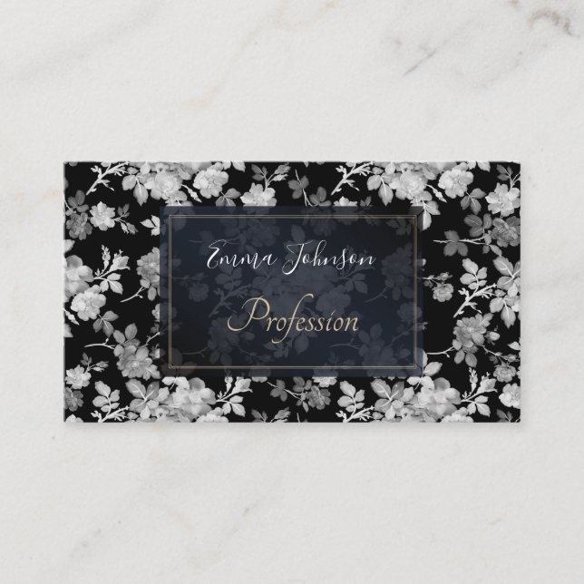 Romantic White Rose Floral Painting Black Pattern Business Card (Front)