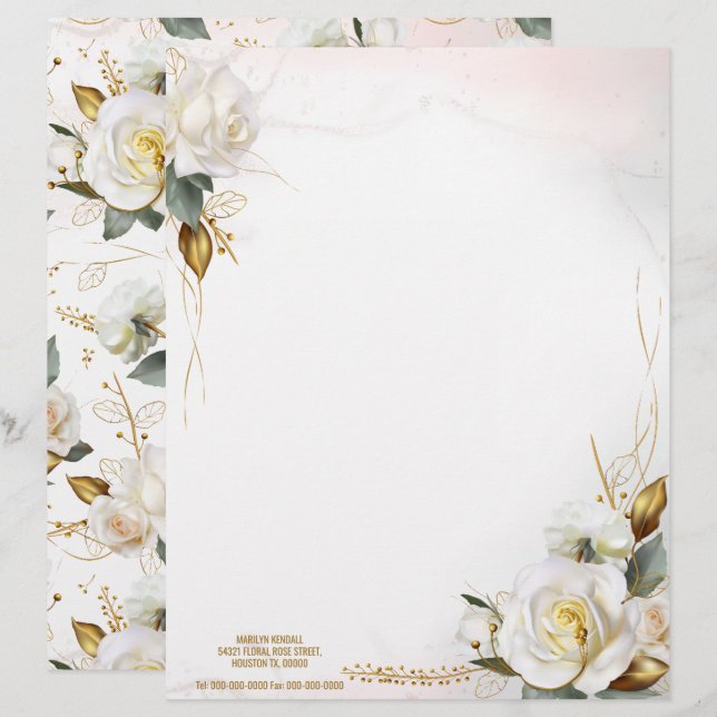 Romantic White Rose Gold Floral Wedding Custom Letterhead (Front/Back)