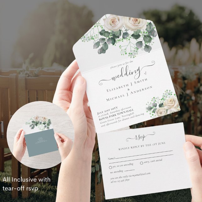 Romantic White Roses All Inclusive Wedding RSVP    In One Invitation (Creator Uploaded)