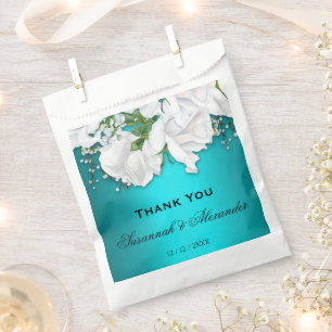 Romantic White Roses and Aqua Wedding Favour Bags