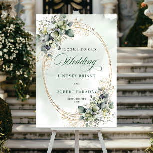 Romantic White Roses Botanical Welcome Sign