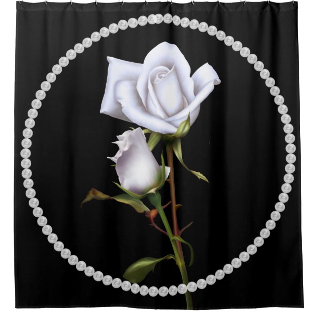 Romantic White Roses Elegant Floral Chic Black Shower Curtain (Front)