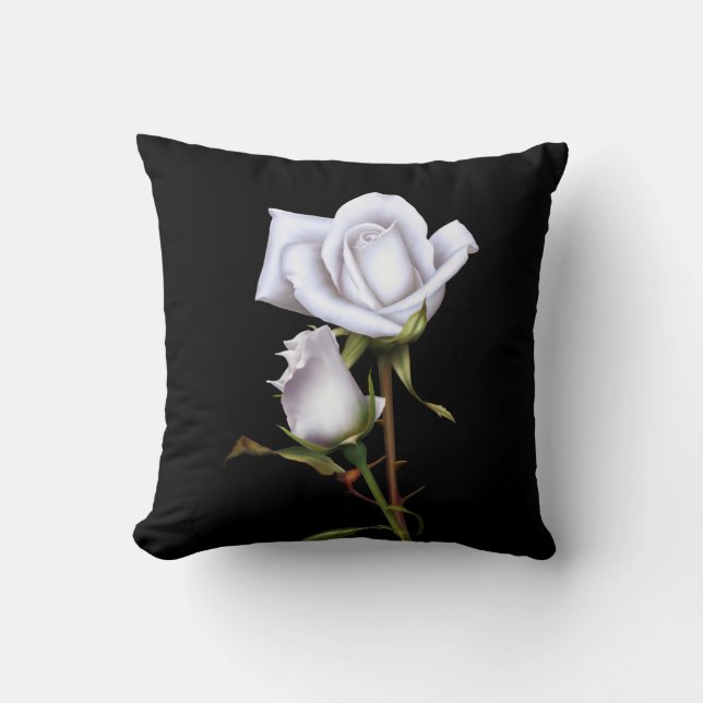 Romantic White Roses Elegant Floral Glam Black Cushion (Front)