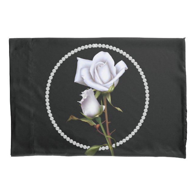 Romantic White Roses Elegant Floral Glam Black Pillowcase (Front)