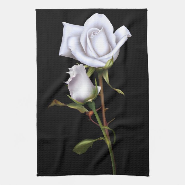 Romantic White Roses Elegant Floral Glam Black Tea Towel (Vertical)