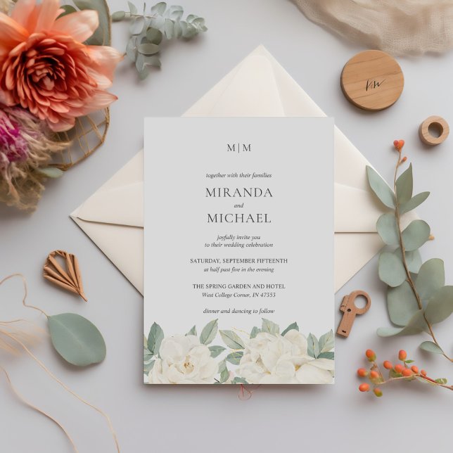 Romantic White Roses Elegant monogram WEDDING  Invitation (Creator Uploaded)