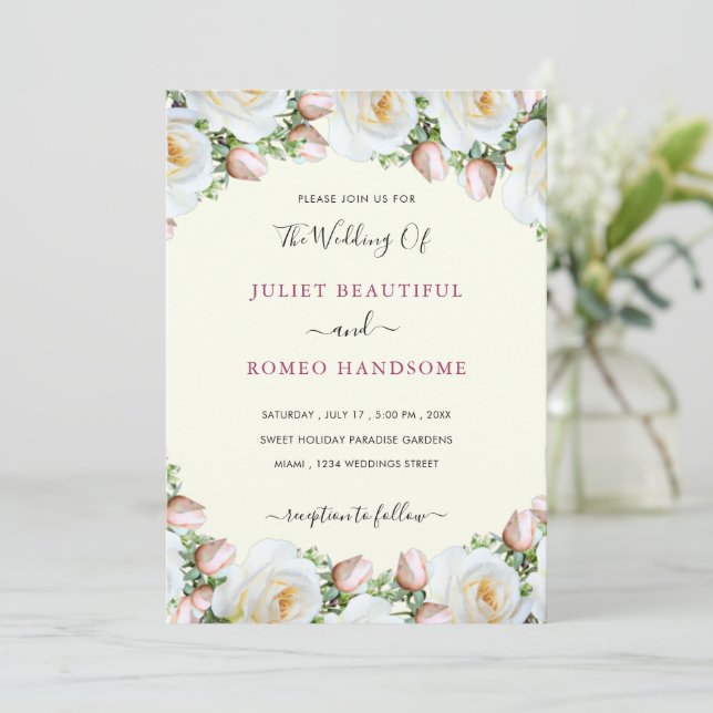 Romantic White Roses Elegant Wedding Invitation  (Standing Front)