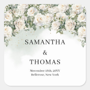 Romantic white roses Eucalyptus and Gold wedding Square Sticker