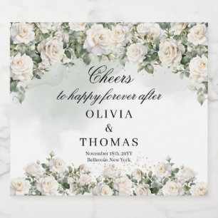 Romantic white roses Eucalyptus Greenery and Gold  Beer Bottle Label