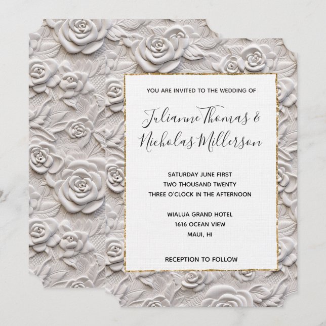 Romantic White Roses Faux Leather Wedding Invitation (Front/Back)