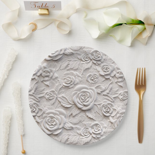 Romantic White Roses Faux Leather Wedding Paper Plate (Wedding)
