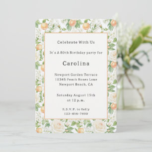 Romantic White Roses Floral Peaches Birthday Invitation