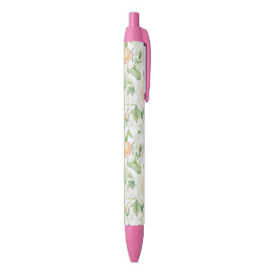 Romantic White Roses Floral Peaches Black Ink Pen