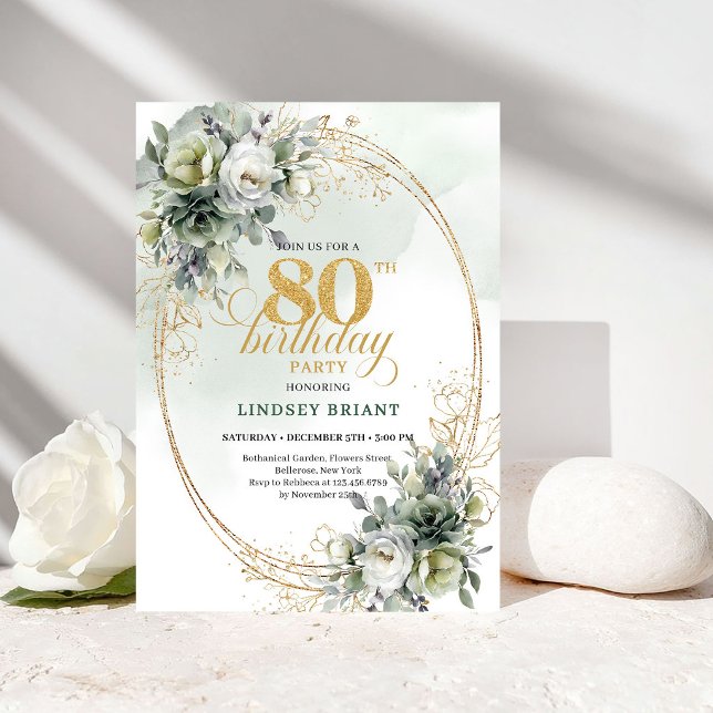 Romantic White Roses Foliage 80th Birthday Invite (Romantic White Roses Foliage 80th Birthday Invite)