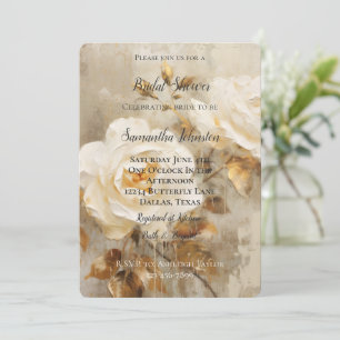 Romantic White Roses Gold Leaves Bridal Shower Invitation