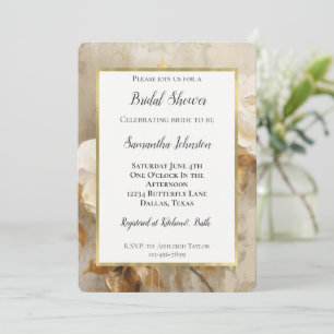 Romantic White Roses Gold Leaves Bridal Shower Invitation
