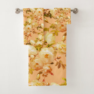 Romantic white roses on orange bath towel set