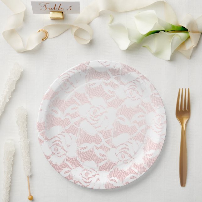 Romantic White Roses Pink Ombre Wedding Paper Plate (Wedding)