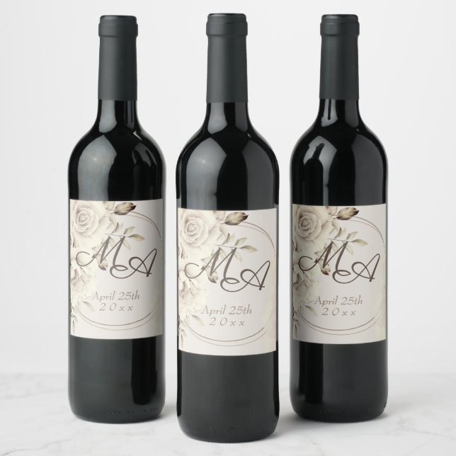 Romantic White Rustic Roses Wedding Monogram  Wine Label (Bottles)