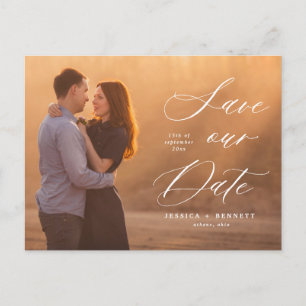 Romantic White Script Photo Save the Date Postcard