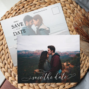 Romantic White Script Wedding Photo Save the Date Announcement Postcard