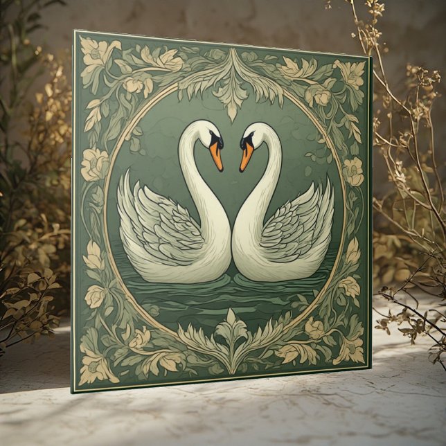Romantic White Swan Couple Art Deco Pond Green Sea Tile (Romantic White Swan Couple Art Deco Pond Green Sea Ceramic Tile)