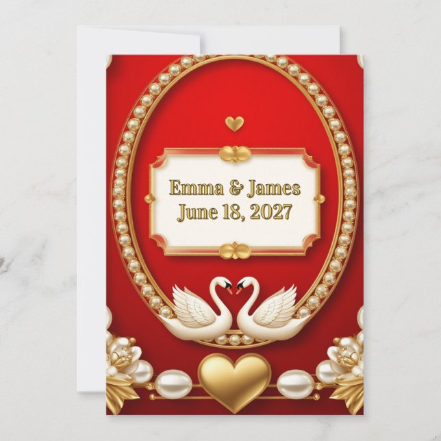 ✨ Romantic White Swan Red Gold Wedding 💖 Invitation (Front)