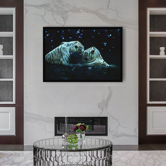 Romantic White Tiger Couple in Water at Night Poster