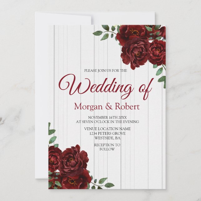Romantic White Wood Red Roses Wedding Invite (Front)