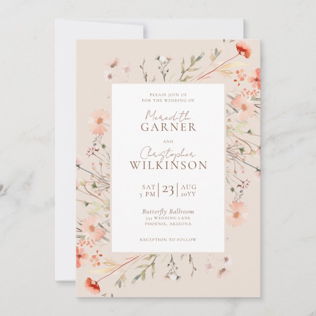 Romantic Wildflower Boho Pink Wedding Invitation (Front)