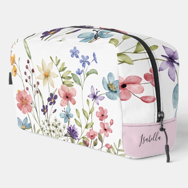 Romantic Wildflower Watercolor Monogram Name Dopp Kit (Right Corner)