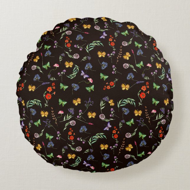 Romantic Wildflowers and Butterflies black  Round Cushion (Front)