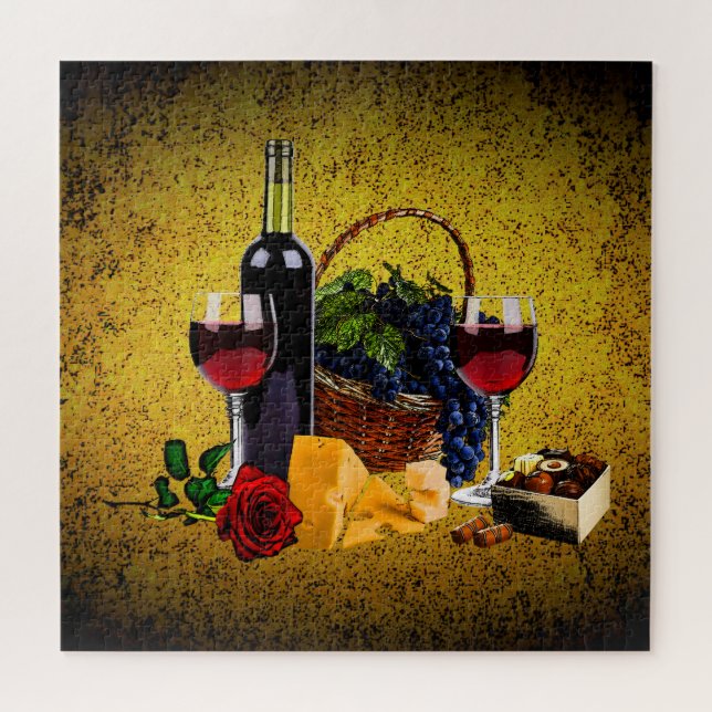 Romantic wine glass, bottle, cheese, grapes, gold jigsaw puzzle (Horizontal)
