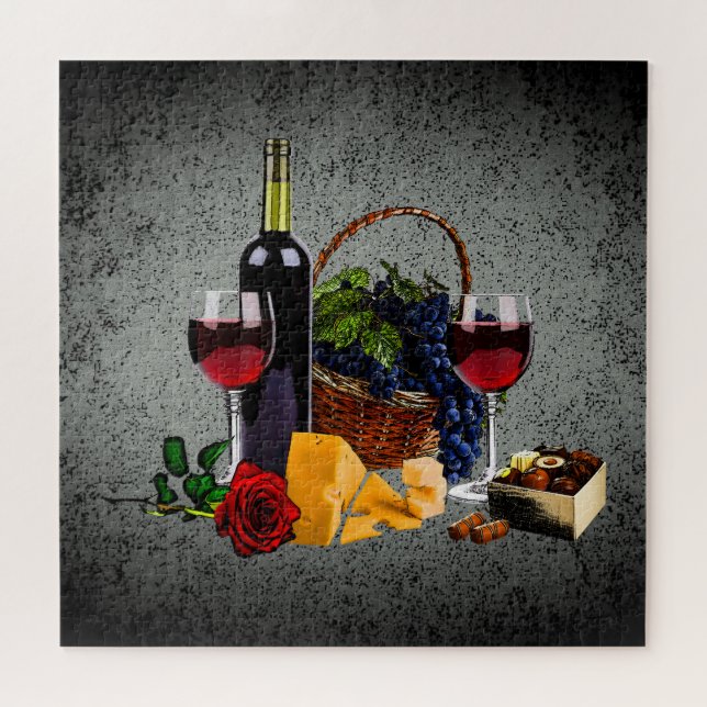 Romantic wine glass, bottle, cheese, grapes, grey jigsaw puzzle (Horizontal)