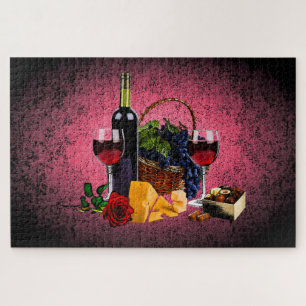 Romantic wine glass, bottle, cheese, grapes, pink jigsaw puzzle