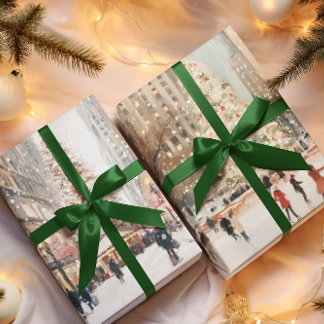 Romantic Winter Cityscape Ice Skating Wrapping Paper Sheet