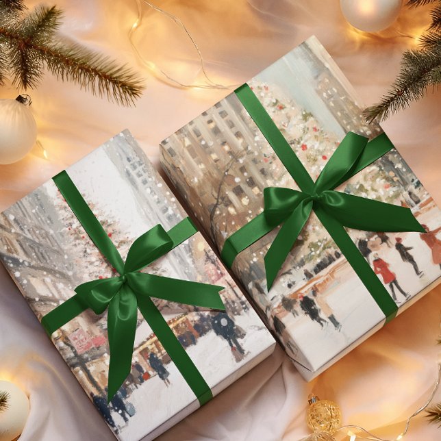 Romantic Winter Cityscape Ice Skating Wrapping Paper Sheet (Creator Uploaded)