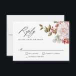 Romantic Winter Floral and Evergreens RSVP<br><div class="desc">This beautifully elegant and unique winter wedding response card was designed especially for weddings during the Christmas holiday season and the winter months. Romantic pink roses mix with beautiful evergreens and holly with red berries to form a perfectly gorgeous combination. Personalise the text template with your required wedding response date....</div>