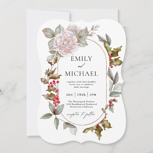 Romantic Winter Floral and Evergreens Wedding Invitation (Front)