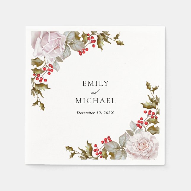 Romantic Winter Floral and Evergreens Wedding Napkin (Front)