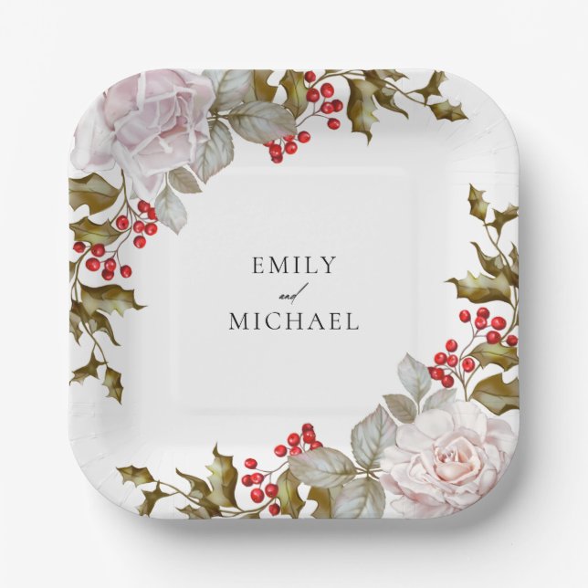 Romantic Winter Floral and Evergreens Wedding Paper Plate (Front)