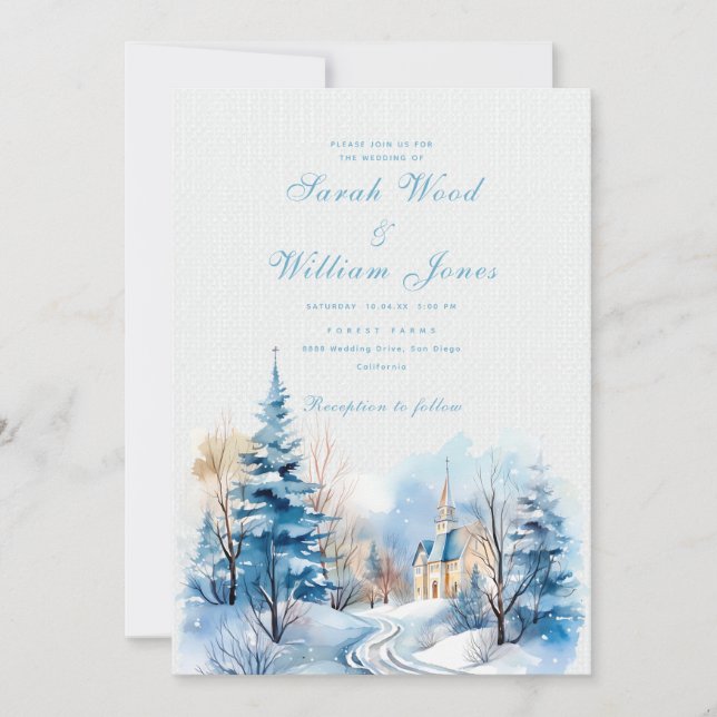 Romantic winter forest and church Wedding Invitation (Front)